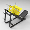 A leg extension gym machine with a black steel frame, a bright orange padded backrest, and a black padded seat, shown on a light gray studio background.
