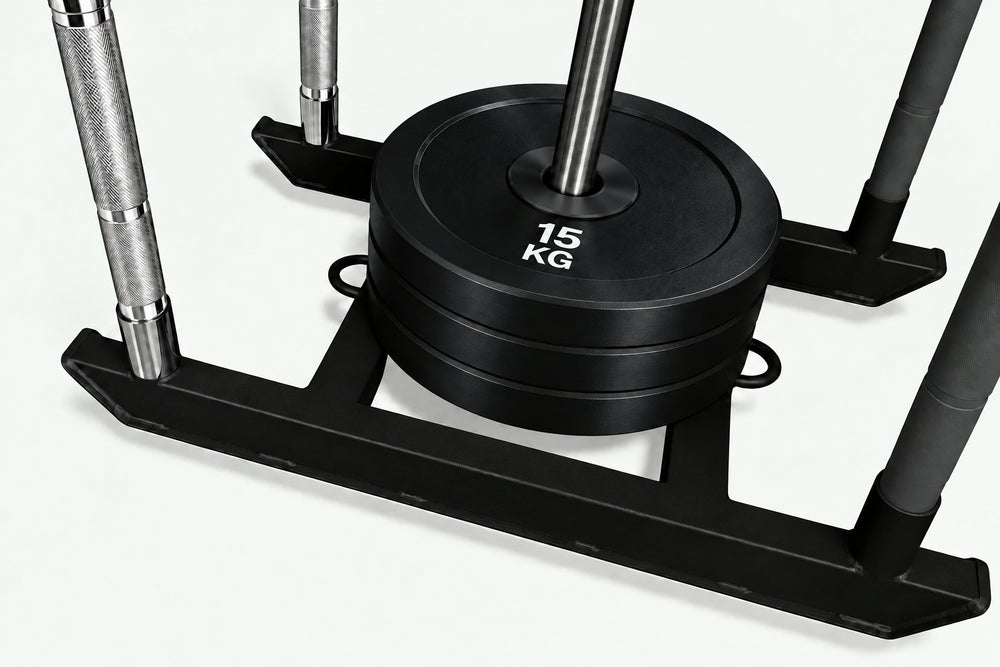 Black power sled with weight plates on a white background