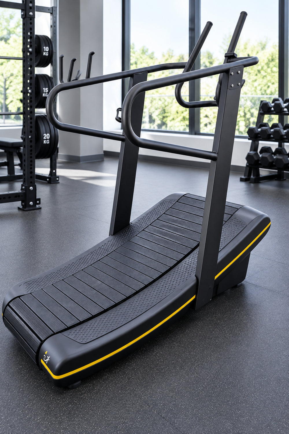 A black curved treadmill with yellow trim and dual handlebar cradles.
