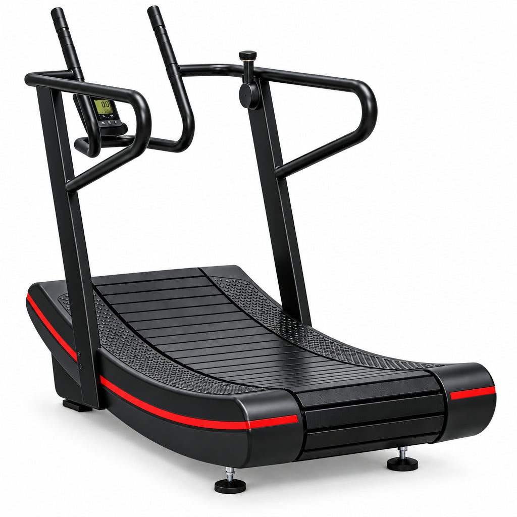 Black treadmill with red accents on a white background Main image