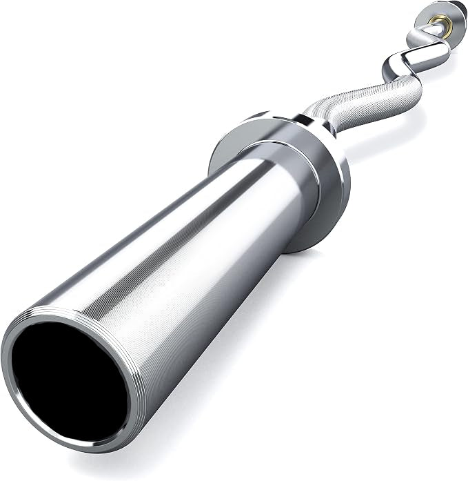 Chrome coloured weight lifting barbell with curled bar and textured grips on a white background Main image