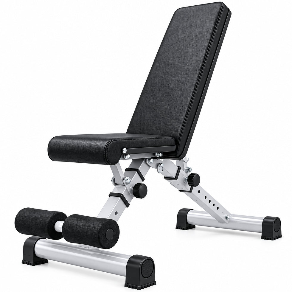 Adjustable weight bench with a black padded backrest and armrests, supported by a silver metal frame with black feet, shown on a plain white background. Main image