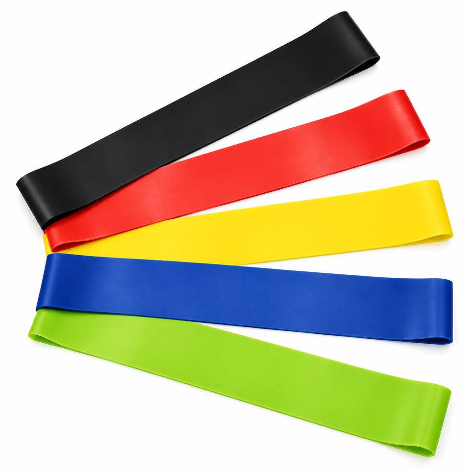 A set of five resistance bands in black, red, yellow, blue, and green, arranged in a fan shape next to a small black drawstring storage pouch on a white background. Main image