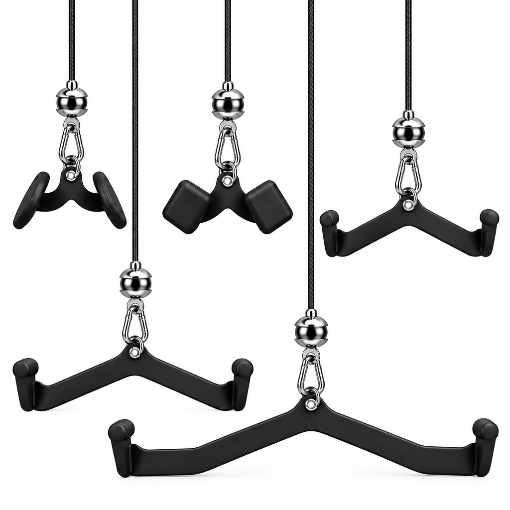 Five black cable pulley weight stacks with silver metal swivel hooks and black hanging cords, arranged on a plain white background. Main image