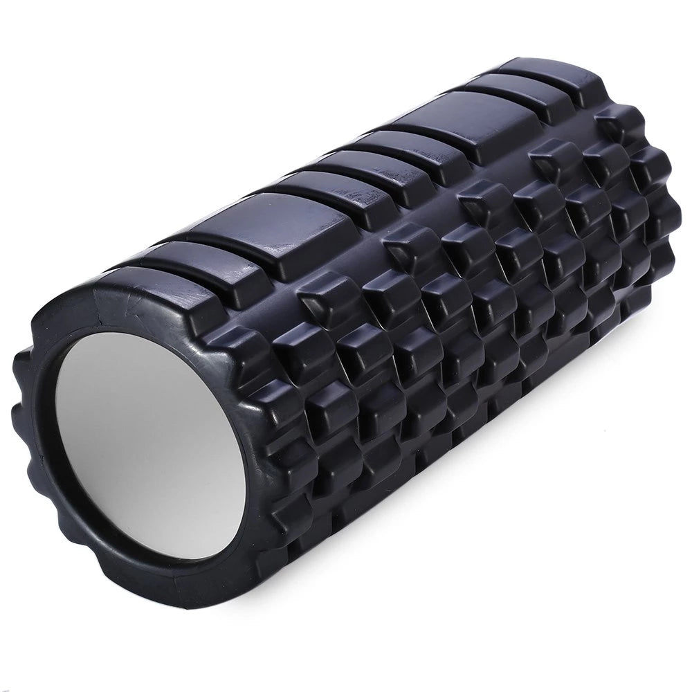A black textured foam roller with a ribbed surface and a smooth circular end, shown on a plain white background.
