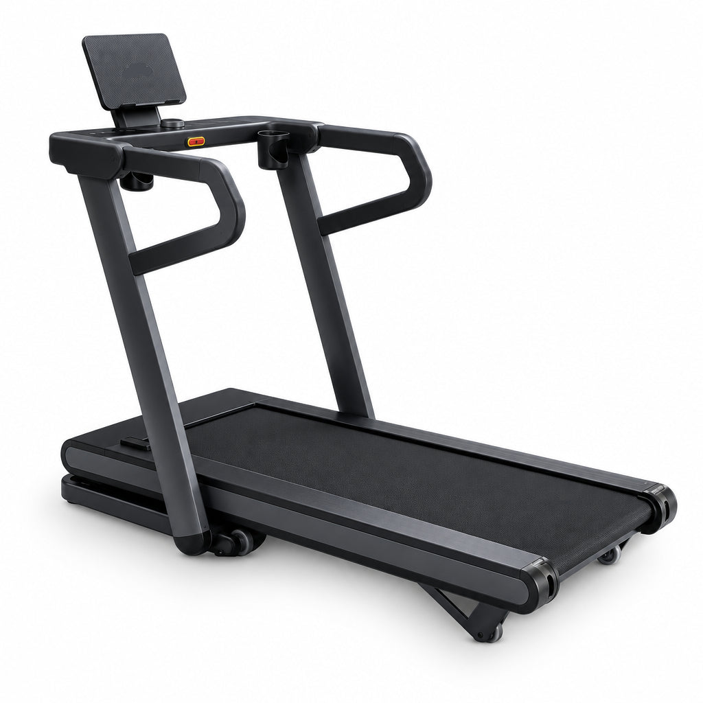 A black and gray treadmill with an integrated display screen and curved handrails, shown on a plain white background. Main image