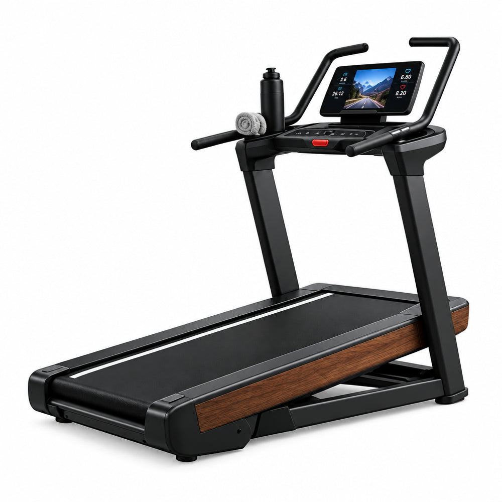 A black and wood-textured GTS Ultra treadmill with a digital display screen, positioned in a modern home gym setting with wooden floors, a bookshelf, and a large window showing green trees outside.