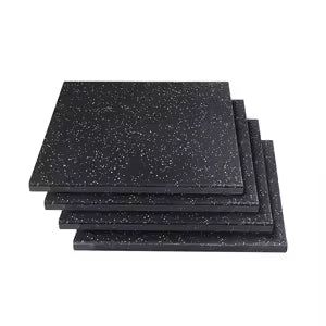 Four square black rubber gym mats stacked slightly offset on a plain white background. Main image