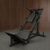 A black adjustable leg press machine in a home gym setting.