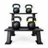 Kettlebell rack with four kettlebells on a white background, showing dimensions.
