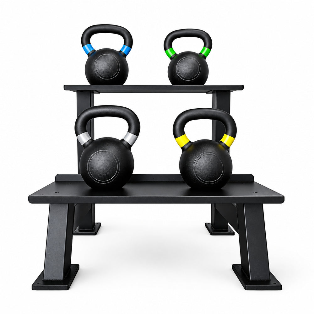 Kettlebell rack with four kettlebells on a white background, showing dimensions.
