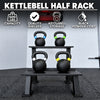 Synergee kettlebell rack with kettlebells on a gray floor.