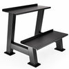 Black metal step stool with two platforms on a white background
