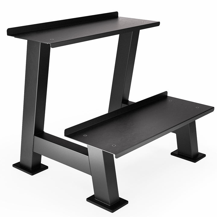 Black metal step stool with two platforms on a white background