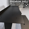 Black metal weights rack with text highlighting its material and function.