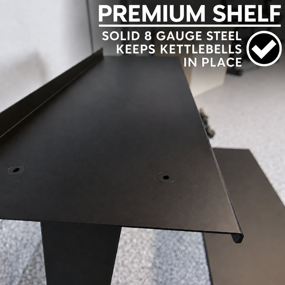 Black metal weights rack with text highlighting its material and function.