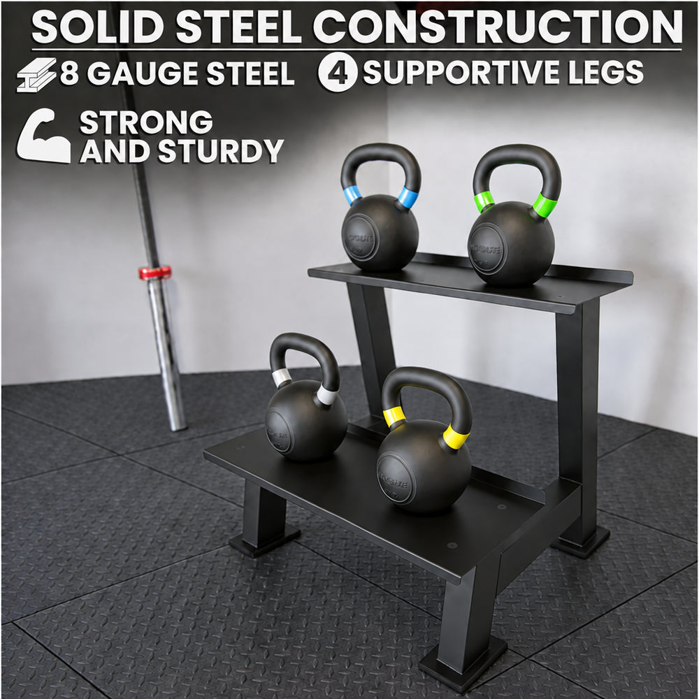 Black metal kettlebell stand with kettlebells on a gray floor, emphasizing solid steel construction.