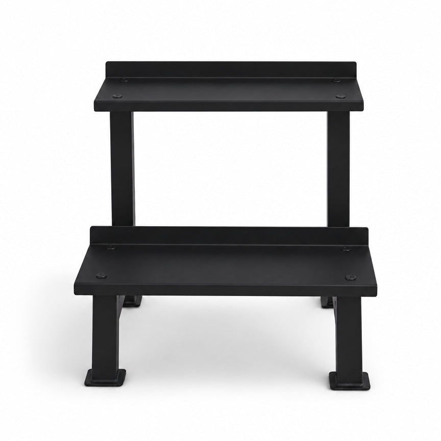 Black metal weights rack on a white background