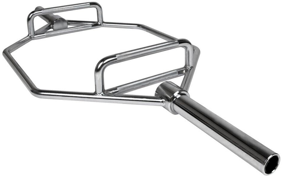 A polished stainless steel hexagonal barbell rack with a long cylindrical handle, shown on a plain white background. Main image