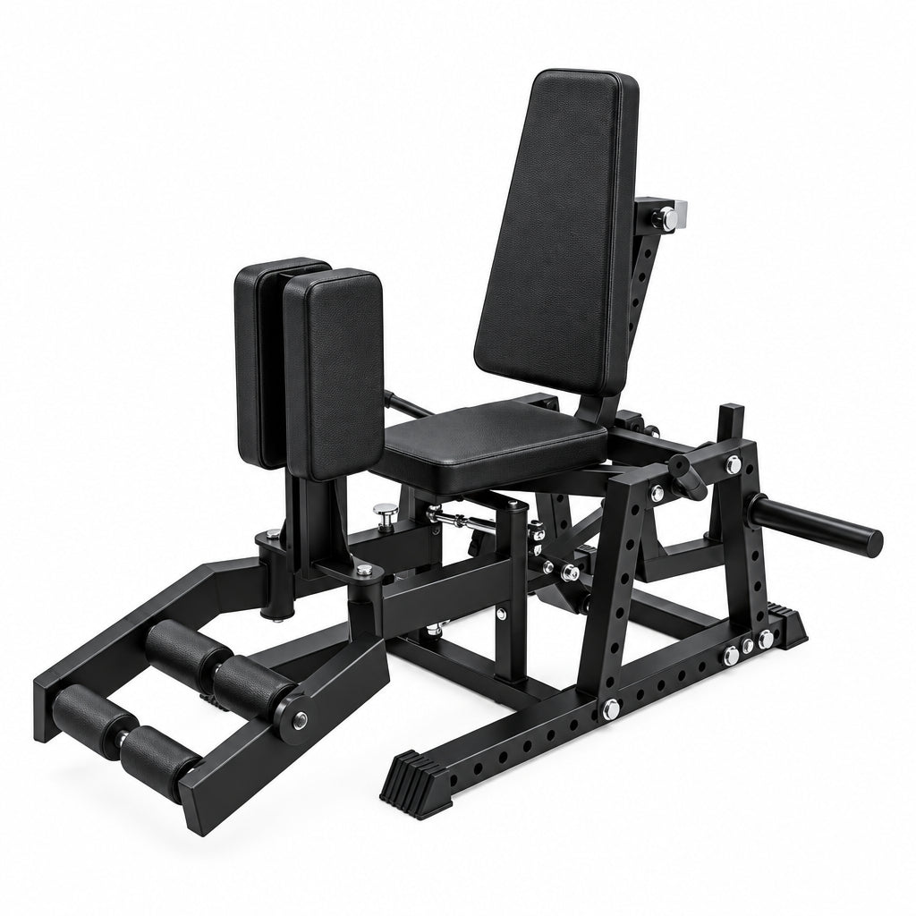 A black hip abducter gym machine shown from a three-quarter angle on a white background.