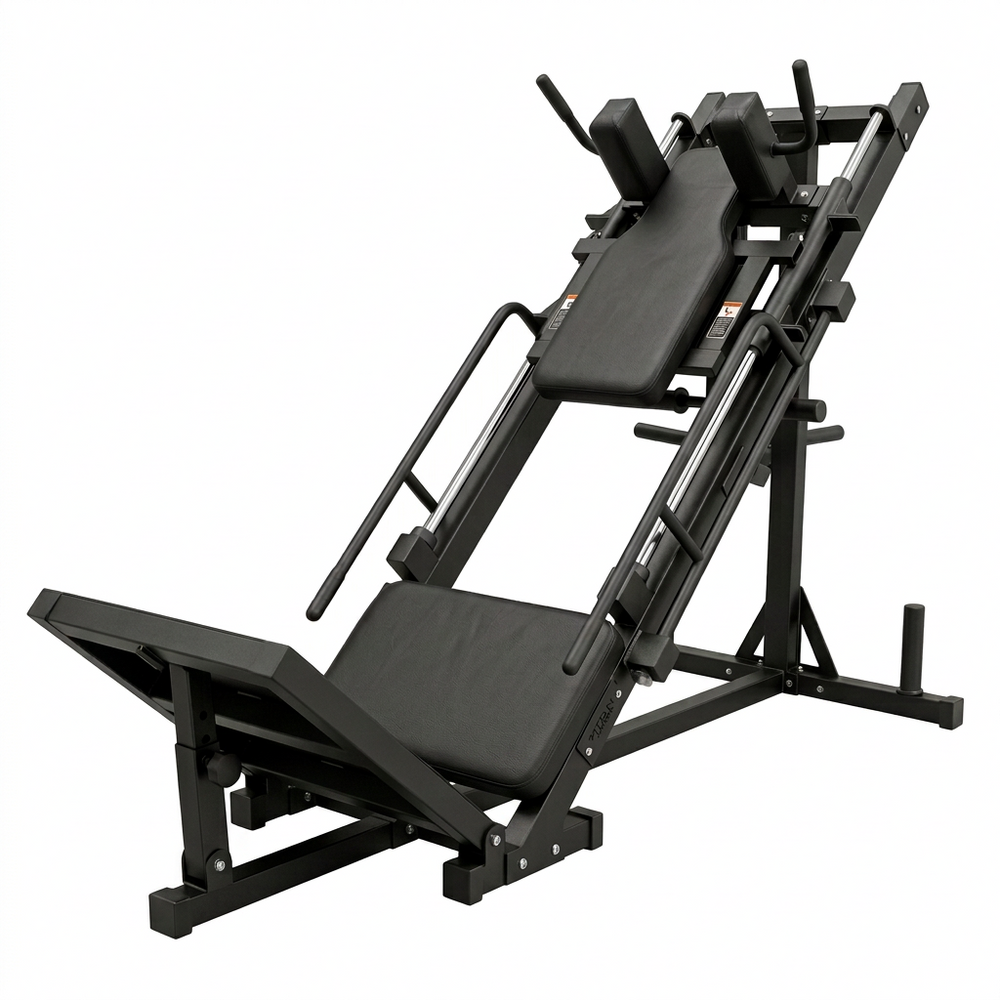 Black leg press machine on a white background