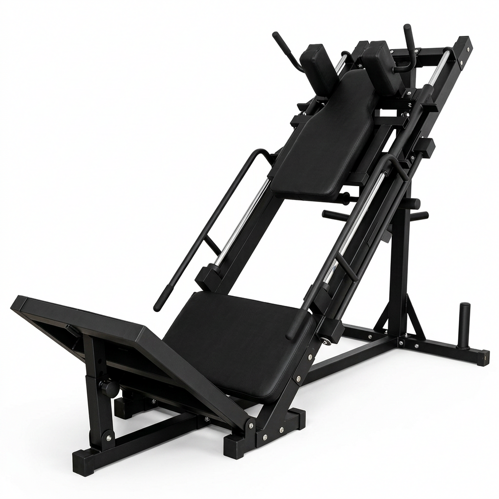 Black leg press machine on a white background