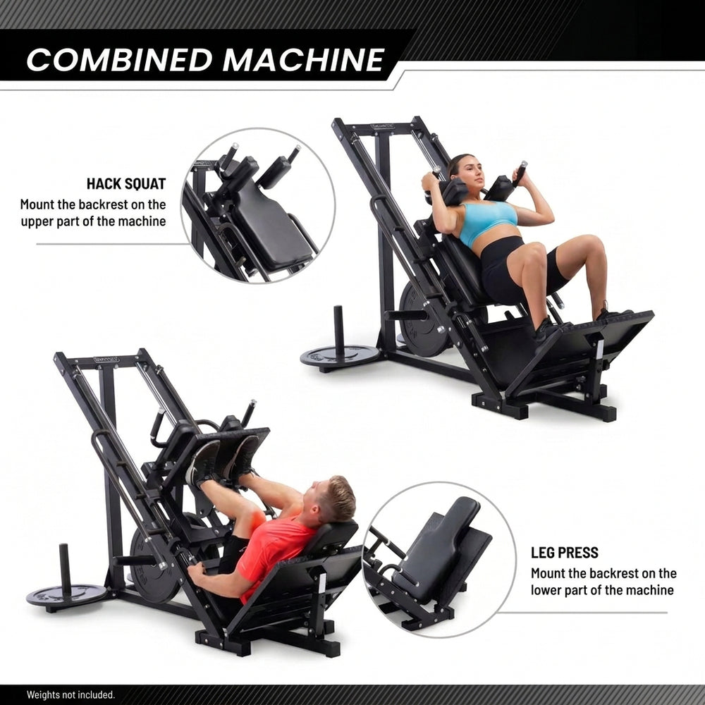 Combined leg press machine shown in a fitness instructional layout with two people demonstrating use and two circular close-up callouts explaining mounting parts.
