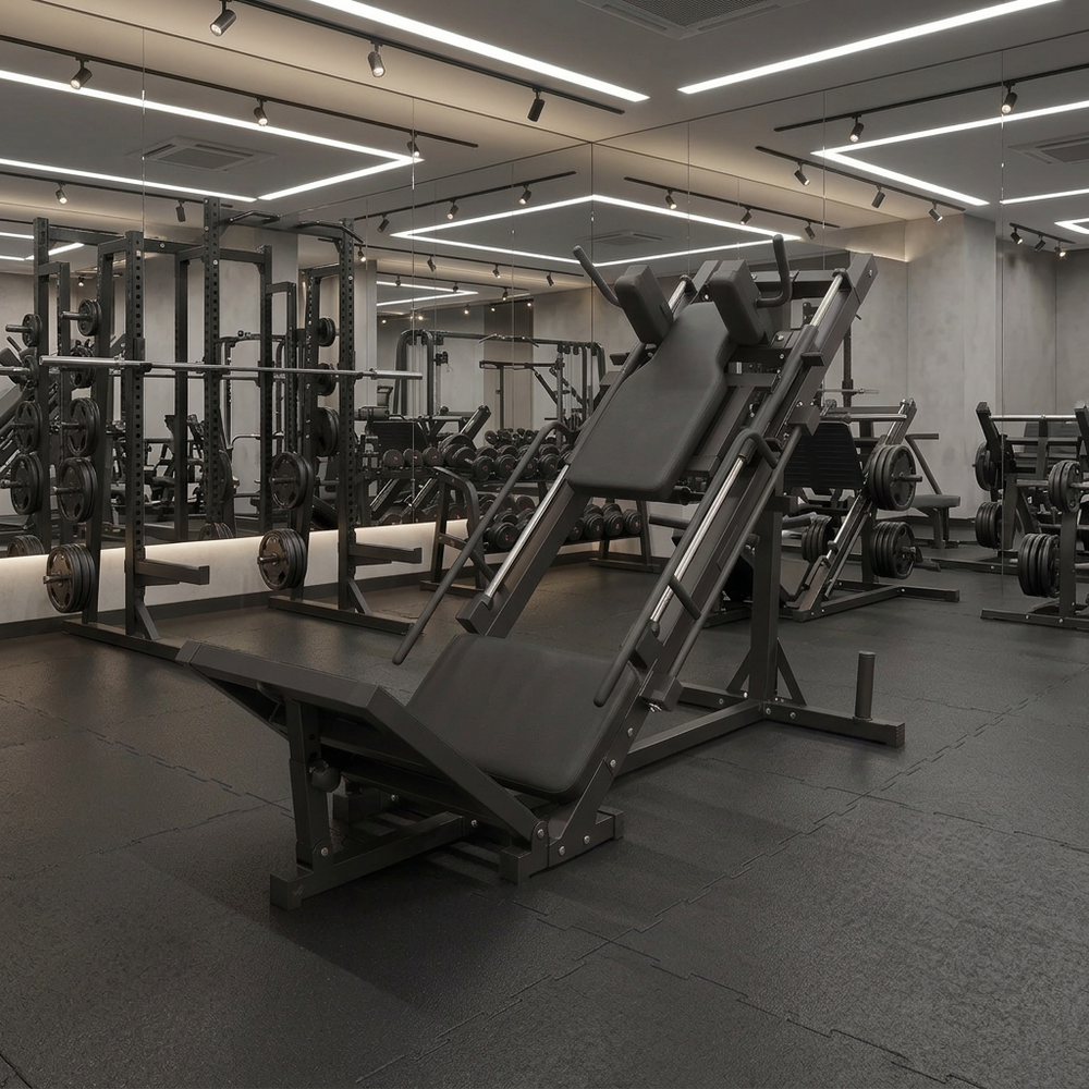 A black adjustable leg press machine in a gym setting.