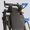 Close-up of a black gym leg extension machine showing the padded pad and thickened support area, with red callout labels pointing to the components against a light gray background.