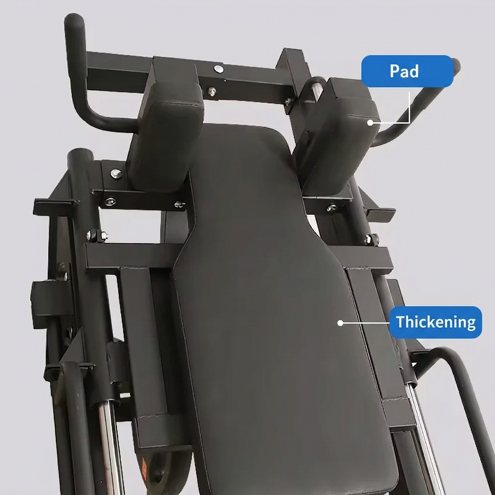 Close-up of a black gym leg extension machine showing the padded pad and thickened support area, with red callout labels pointing to the components against a light gray background.