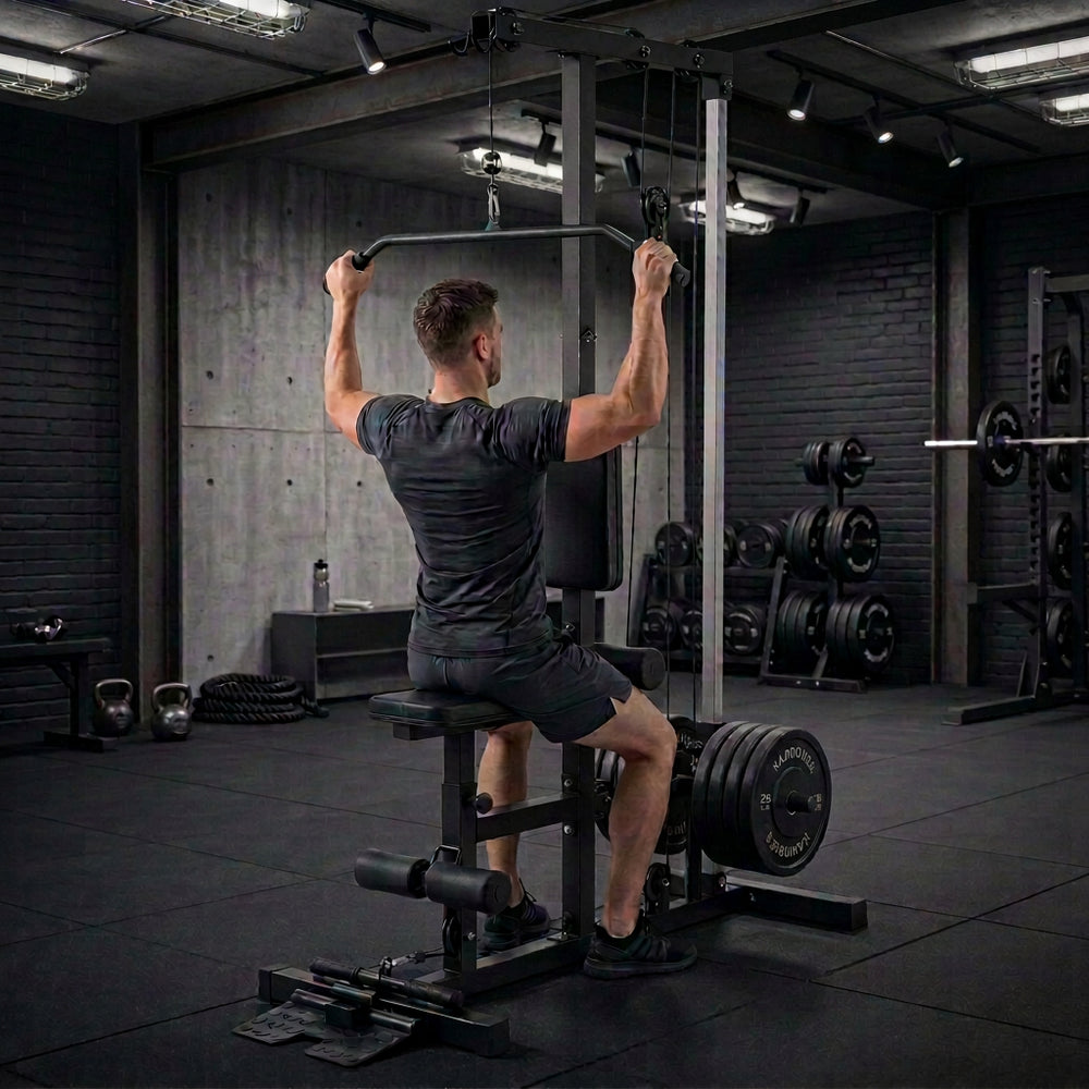 A black multi-functional home gym cable machine with a backrest, seat, pulldown handles, and a high pull-up bar, shown on a solid white background.