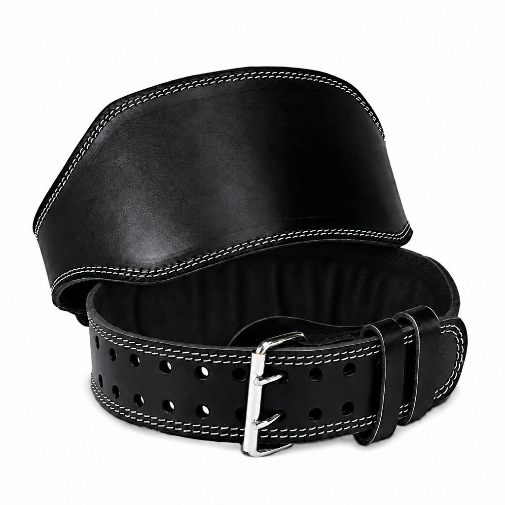 A black leather weightlifting belt with white contrast stitching, a silver metal buckle on a white background Main image