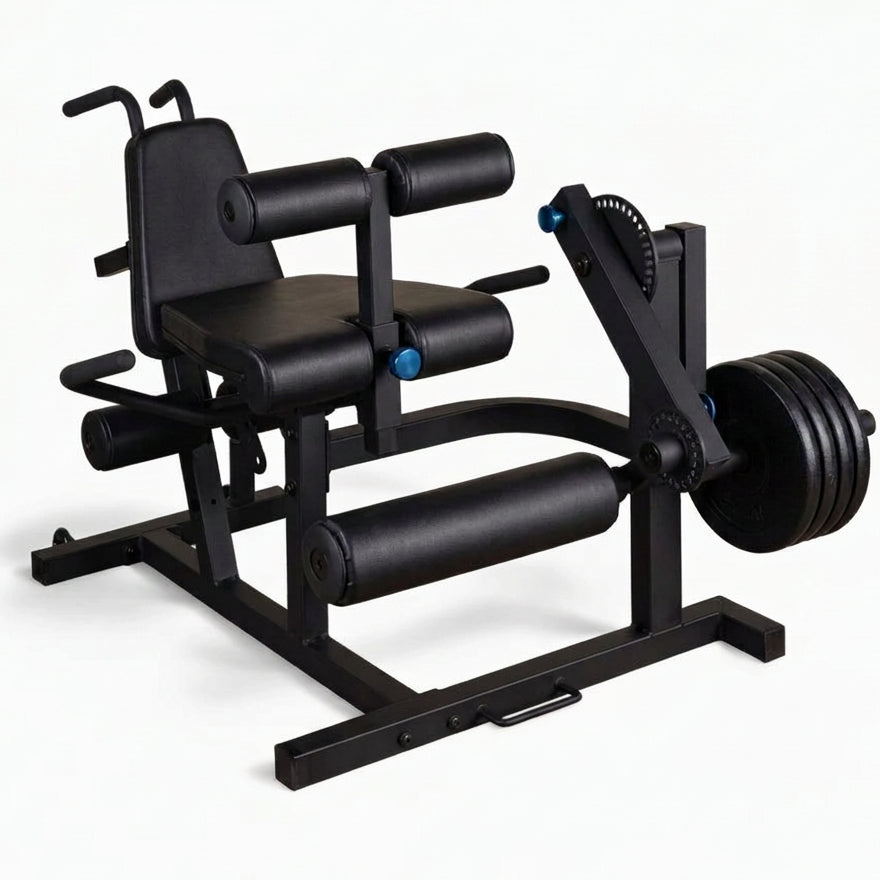 A black leg extension exercise machine with padded seat and backrest, shown on a clean white background.