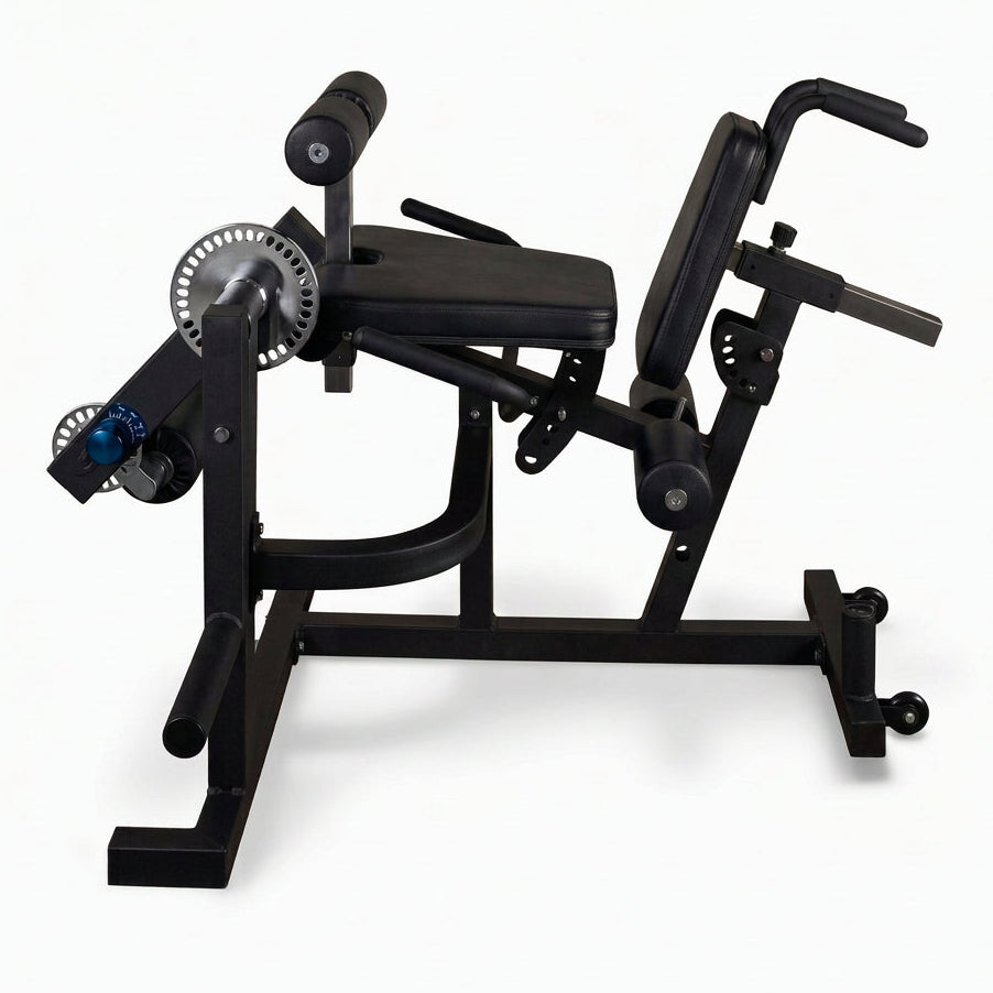 Side view of commercial Leg Extension and Curl Machine on a white background