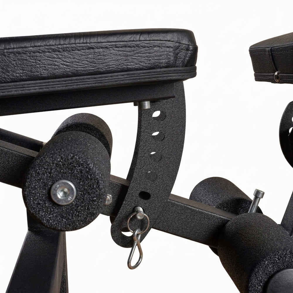 Adjustable seat of commercial Leg Extension and Curl Machine on a white background