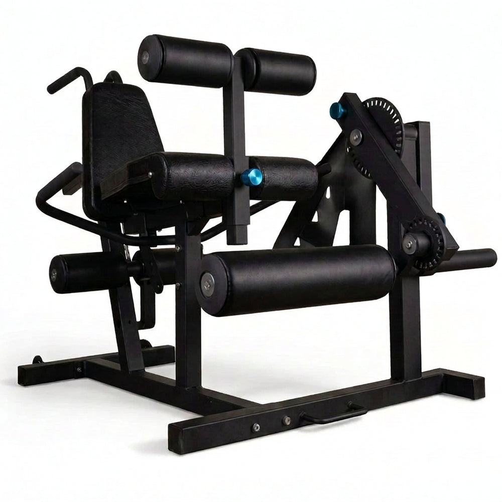 A black leg extension exercise machine with padded seat and backrest, shown on a clean white background.