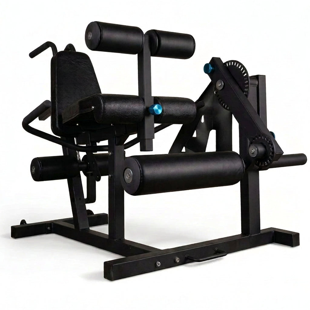 A black leg extension exercise machine with padded seat and backrest, shown on a clean white background. Main image