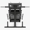 A dark gray industrial leg press machine shown from a rear three-quarter angle on a white background.
