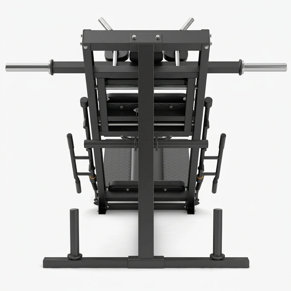 A dark gray industrial leg press machine shown from a rear three-quarter angle on a white background.