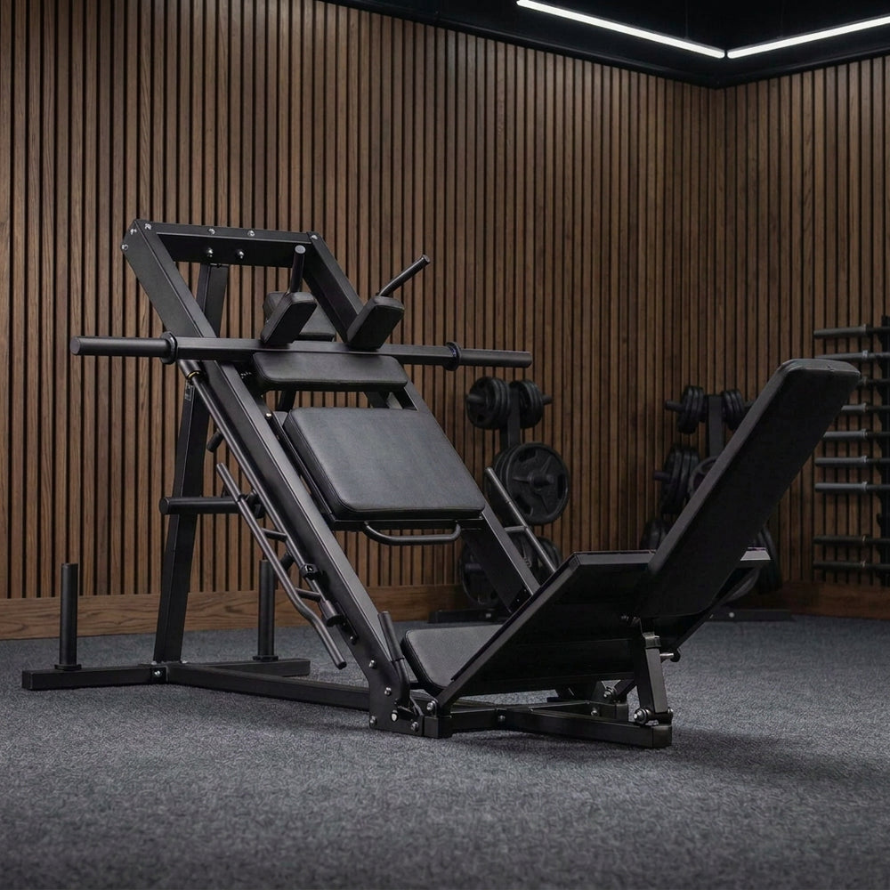 Gym equipment including a leg press machine and weight rack