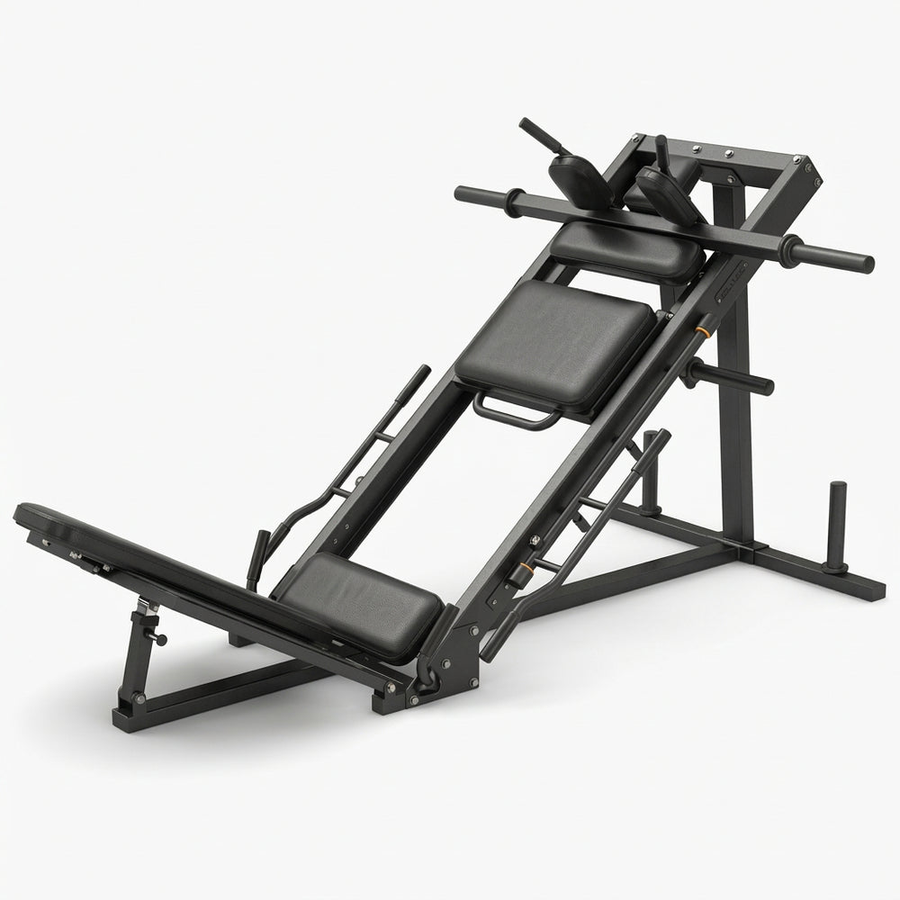 A black leg extension gym machine with adjustable padding and a weight stack, shown on a light gray background. The Hum3D Tools logo is visible in the top-left corner.