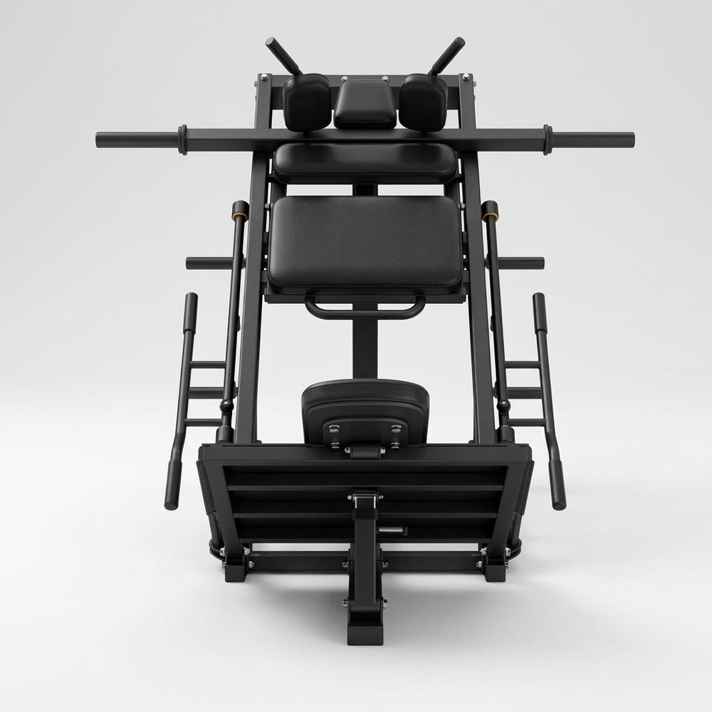 A black leg extension gym machine shown from a front-facing perspective on a white background.
