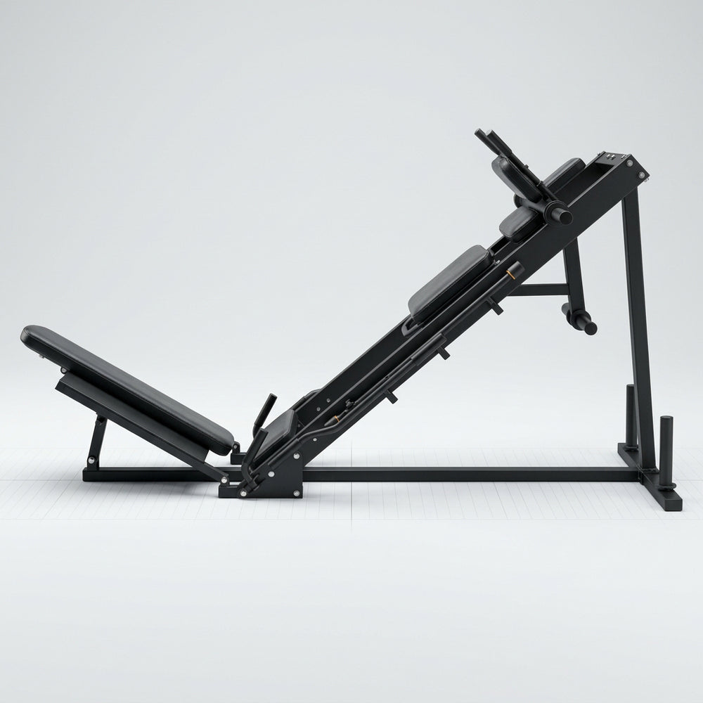 A black adjustable leg extension machine shown from a side profile