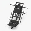 A black multi-functional gym leg extension machine shown from a three-quarters perspective.