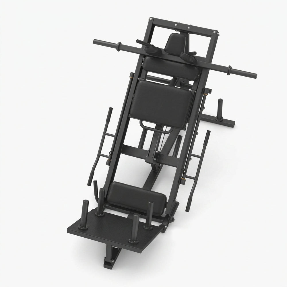 A black multi-functional gym leg extension machine shown from a three-quarters perspective.