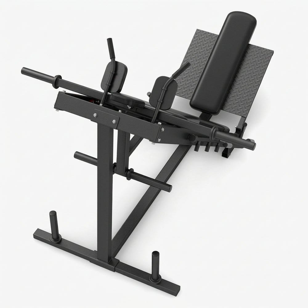 A black metal leg extension gym machine with padded backrest and foot platform.