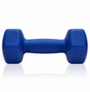 A blue textured foam dumbbell on a clean white background with a soft reflection underneath.