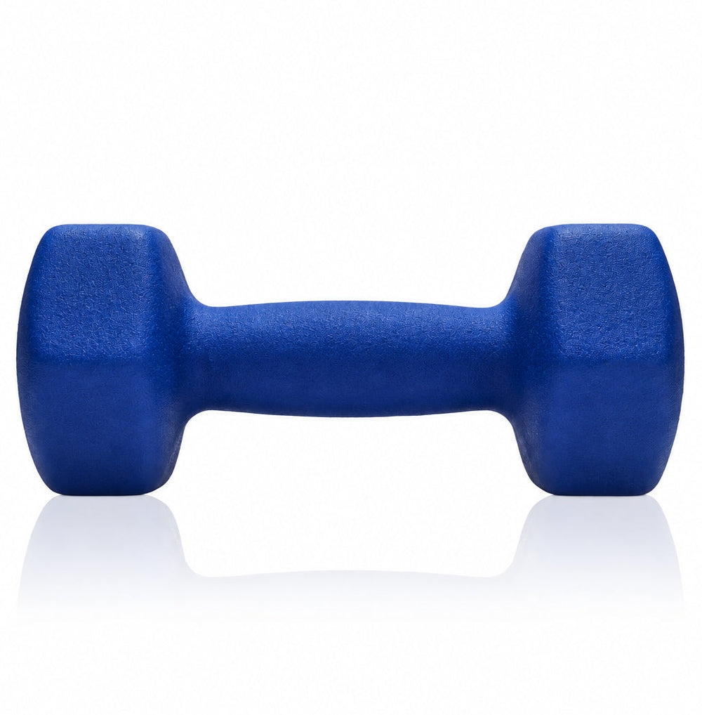 A blue textured foam dumbbell on a clean white background with a soft reflection underneath.