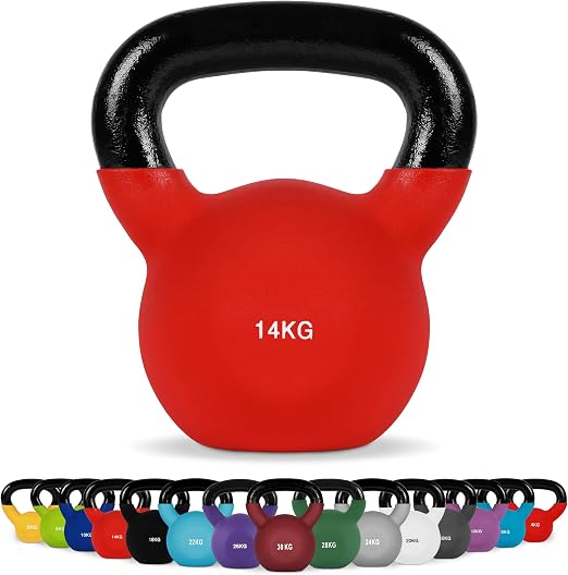 A red and black kettlebell weight shown on a white background, with a row of smaller kettlebells in multiple colors along the bottom indicating available sizes or color options. The main kettlebell is labeled 14KG. Main image