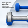 Close-up of a blue and silver dumbbell with promotional text reading 'HIGH QUALITY MATERIAL', 'SOLID CAST IRON', and 'PERFECT QUALITY NEOPRENE'.